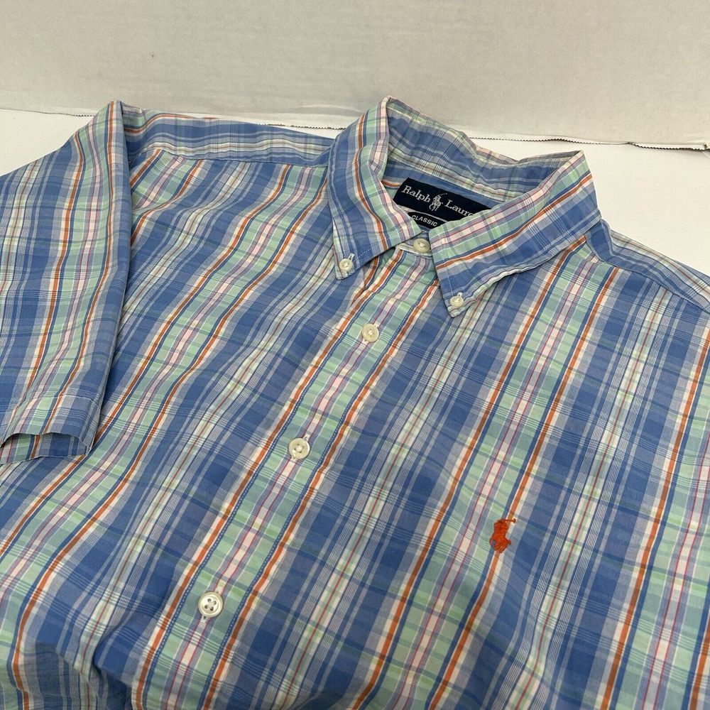 Ralph Lauren Classic Fit Cotton Shirt Sleeve Blue Multicolor Plaid Size XL